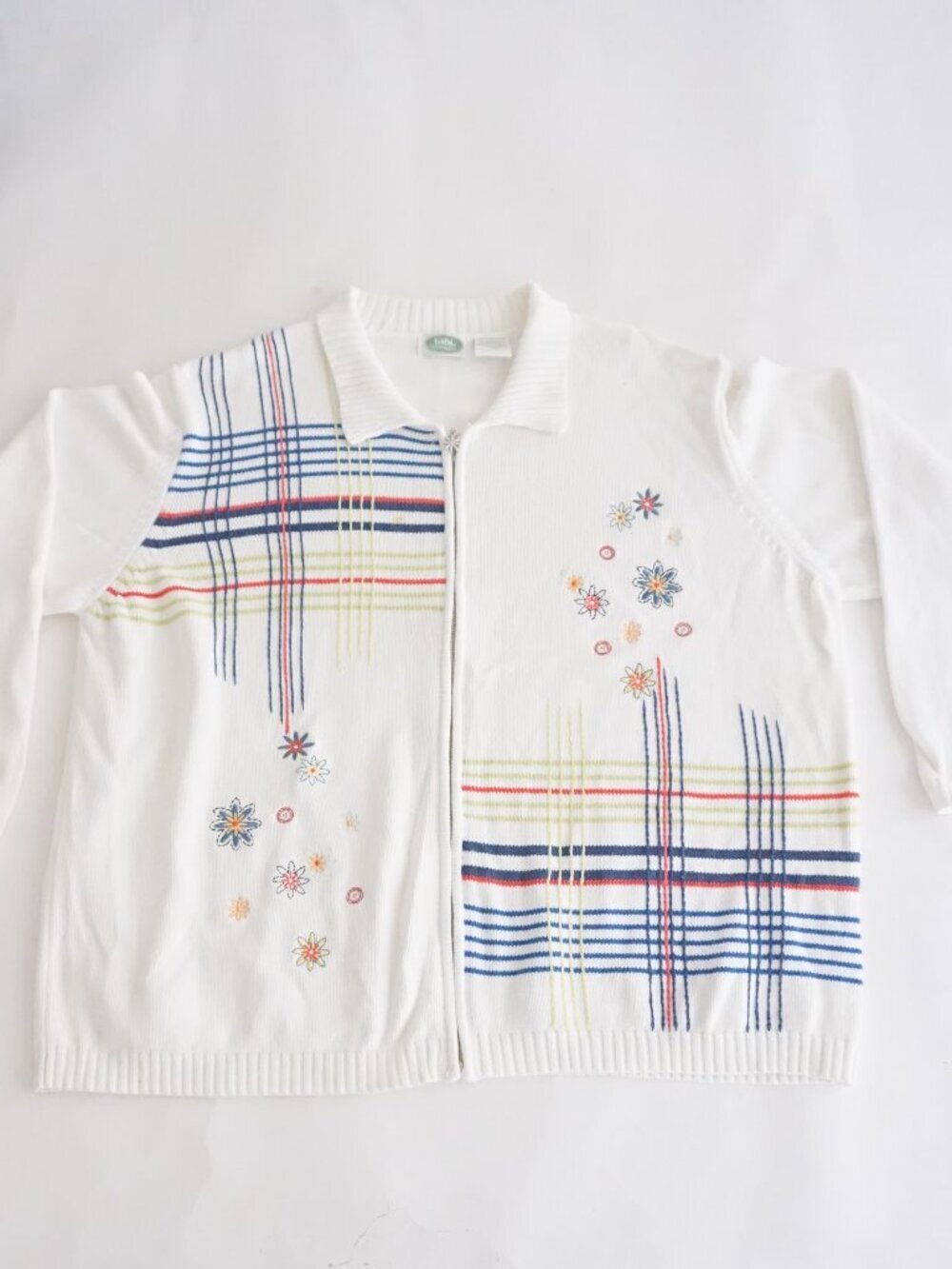 Vintage Tabi Cream Plaid Floral Embroidered Zip Front Cotton Cardigan 4X